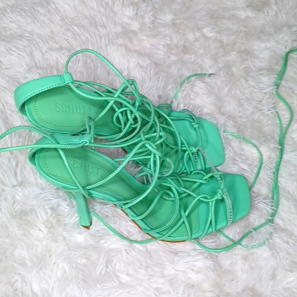 SCHUTZ Heyde Nappa Leather Heeled Strappy Lace Up Sandal Mint Green NEW Size 9.5 - Picture 2 of 10